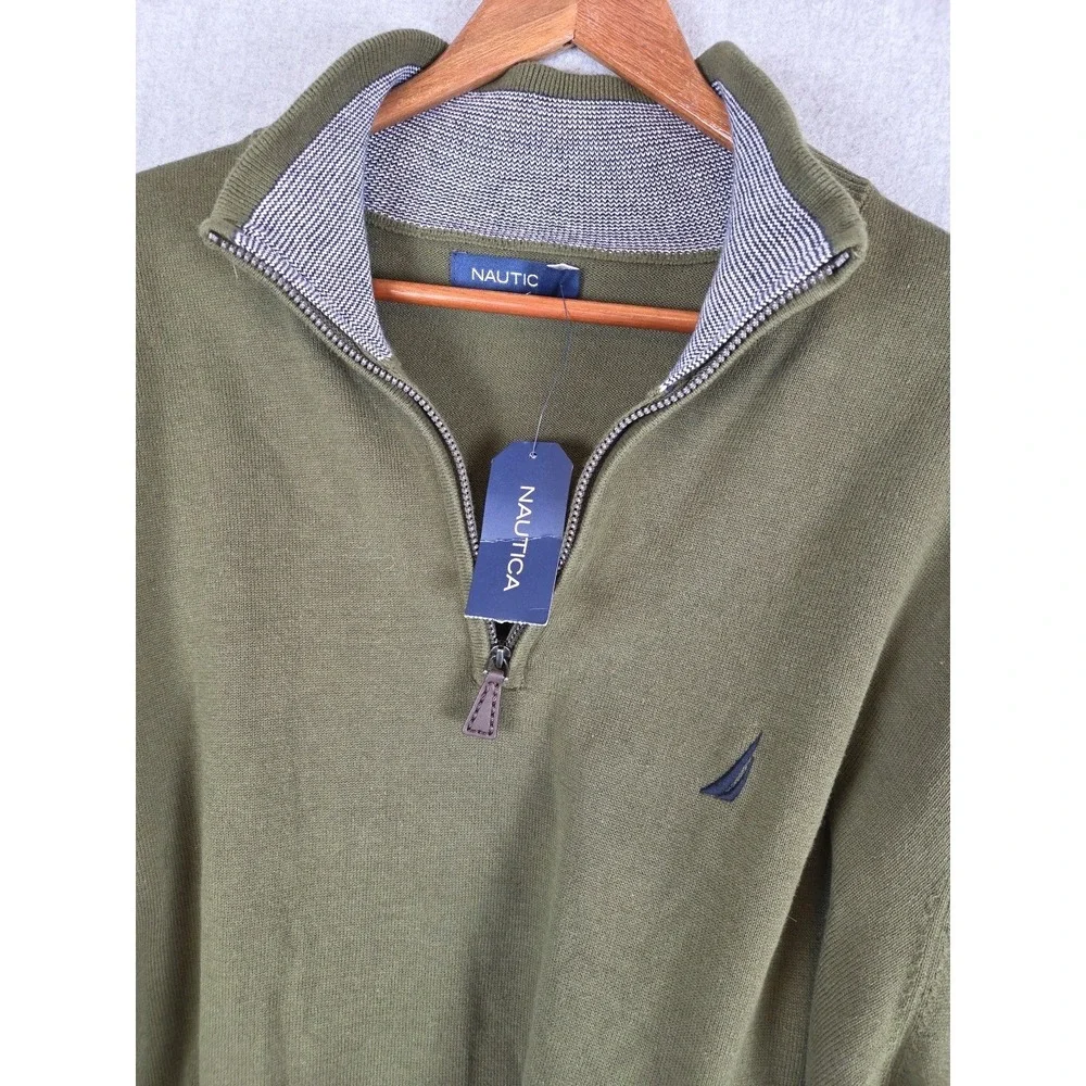Nautica Mens 2XL Pullover Sweater 1/4 Zip Olive Green Logo Preppy Golf Walk NEW